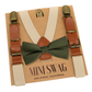 Suspenders with a olive  green bow tie on a Mini Swag branded card