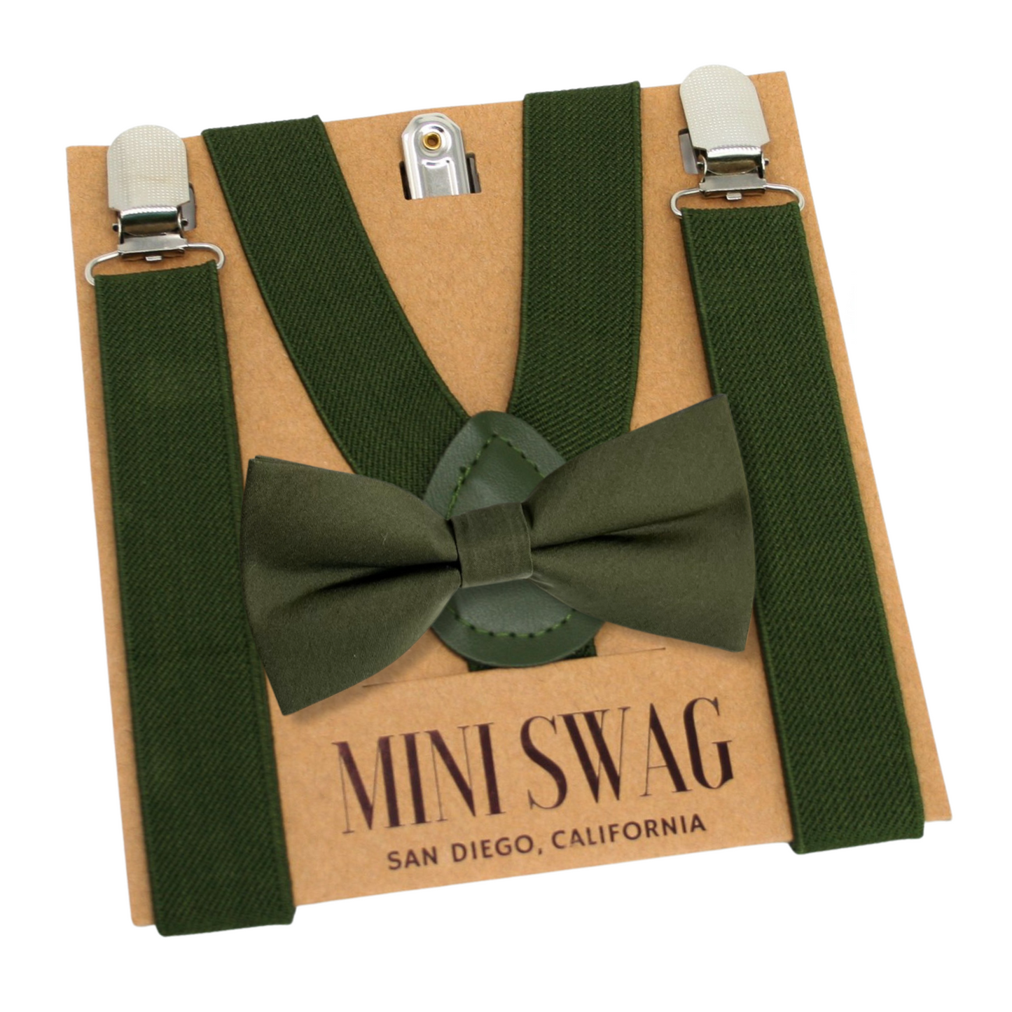 Olive Green suspenders and bow tie set on a 'Mini Swag' branded card