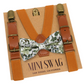 camel leather buckle Suspenders and olive green floral bow tie set on a 'Mini Swag' branded card