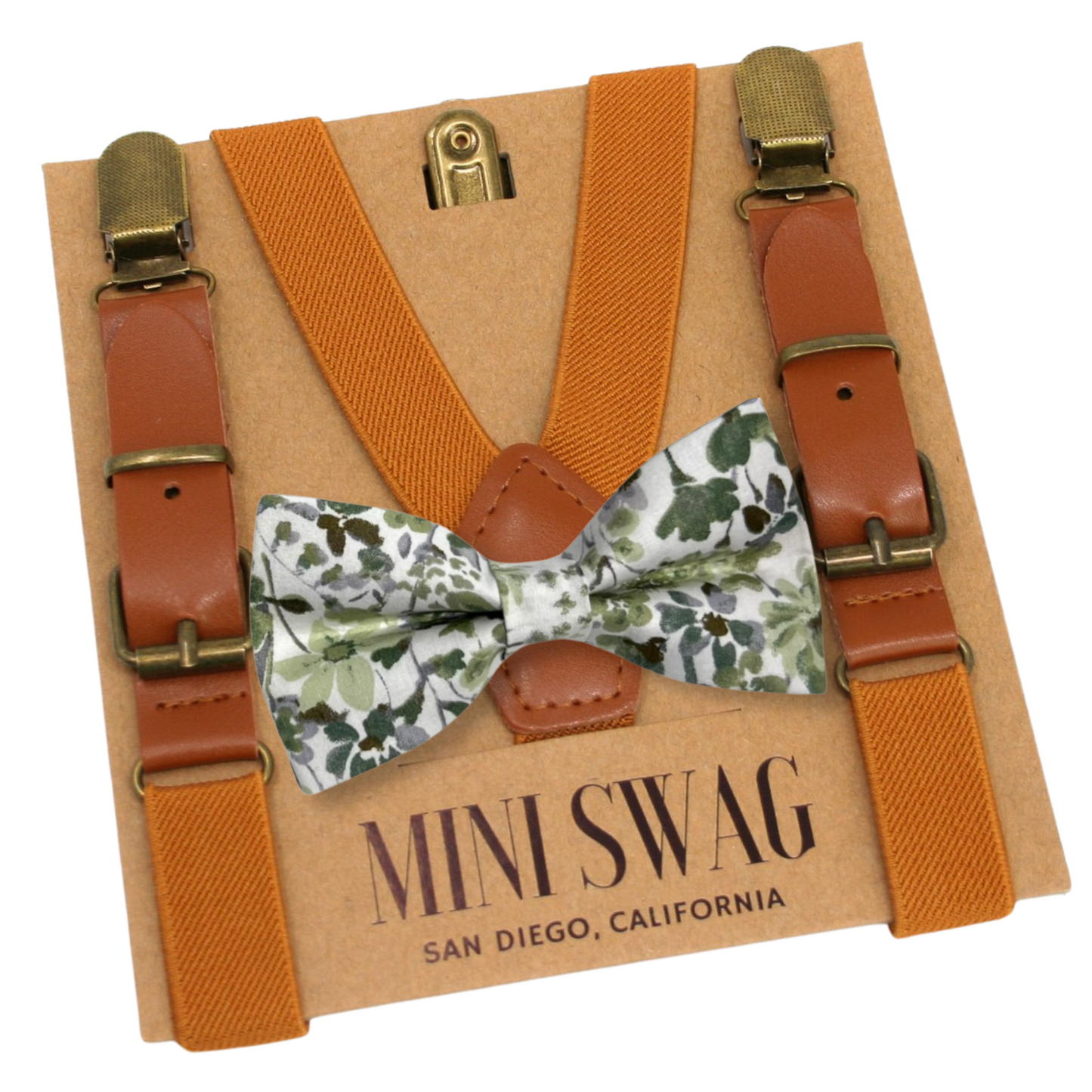 camel leather buckle Suspenders and olive green floral bow tie set on a 'Mini Swag' branded card