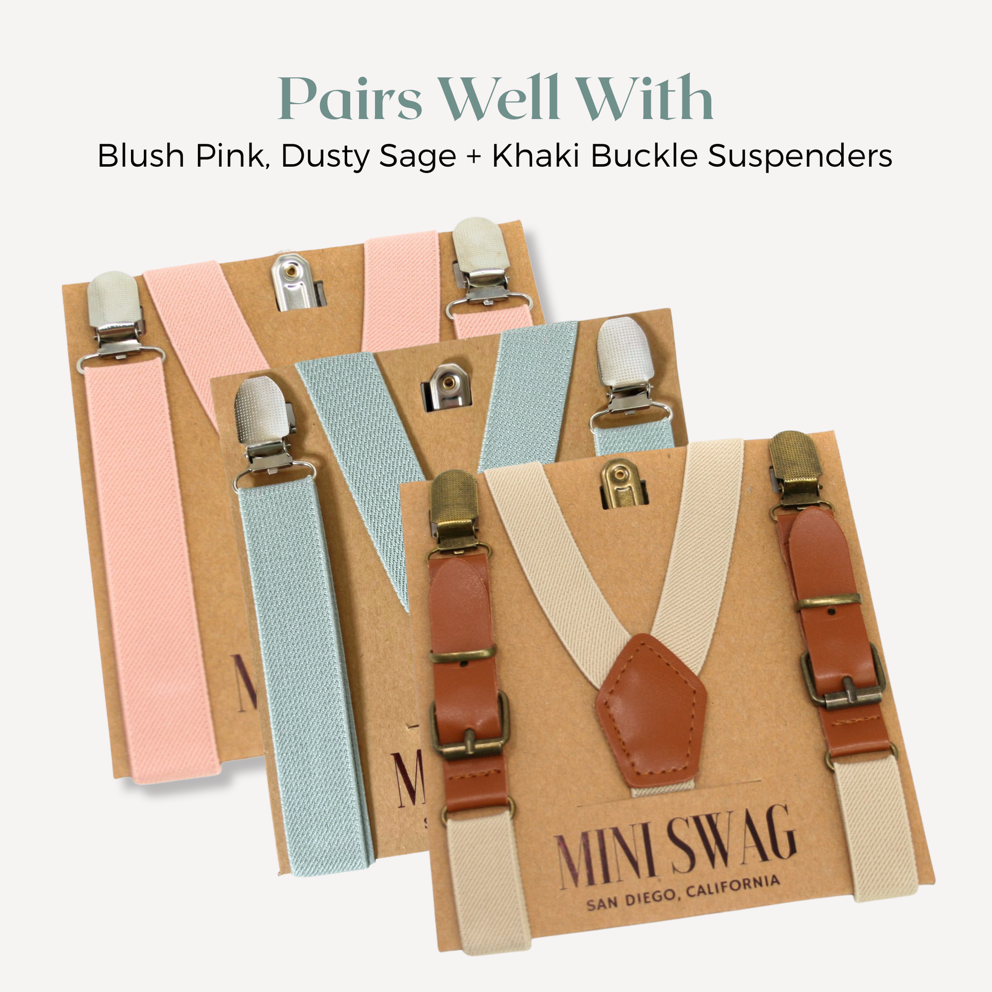 Set of suspenders with different color options on a light gray background, featuring the brand 'Mini Swag'.