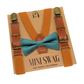 camel leather buckle Suspenders and sea glass bow tie set with 'Mini Swag' branding on a cardboard backing.