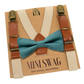 sea glass Bow tie and tan leather buckle suspenders suspenders set on a Mini Swag branded card