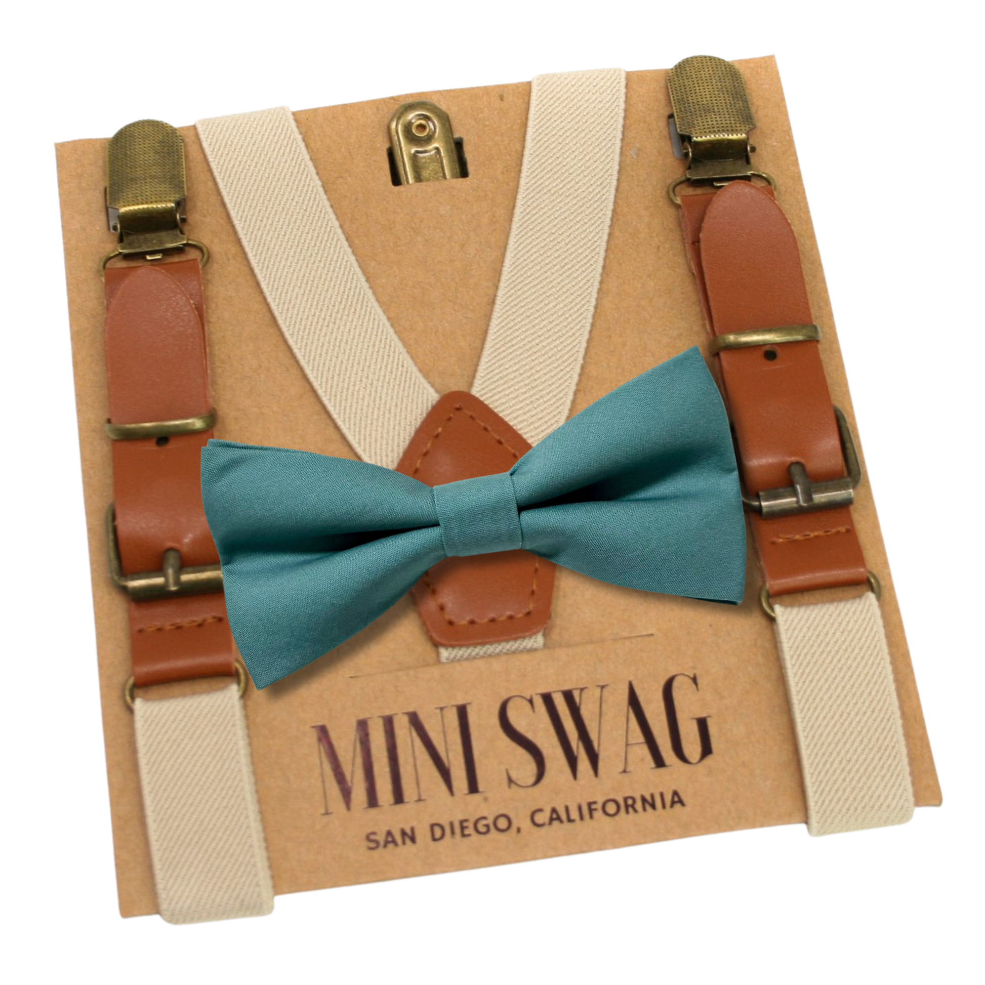 sea glass Bow tie and tan leather buckle suspenders suspenders set on a Mini Swag branded card