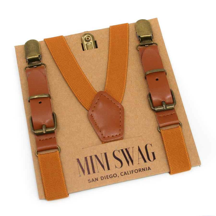BOHO Floral Bow Tie & Camel Leather Suspenders