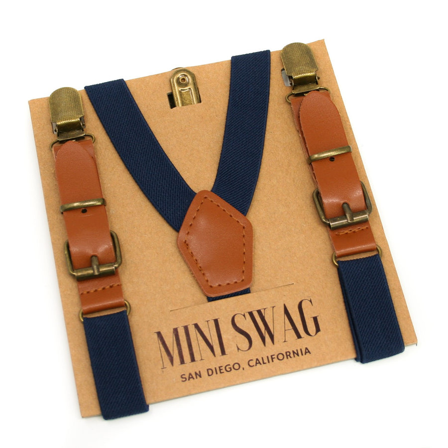 Blush Bow Tie & Navy Leather Suspenders