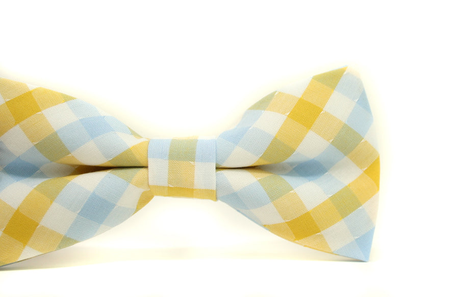 Yellow Plaid Bow Tie & Camel Leather Suspenders