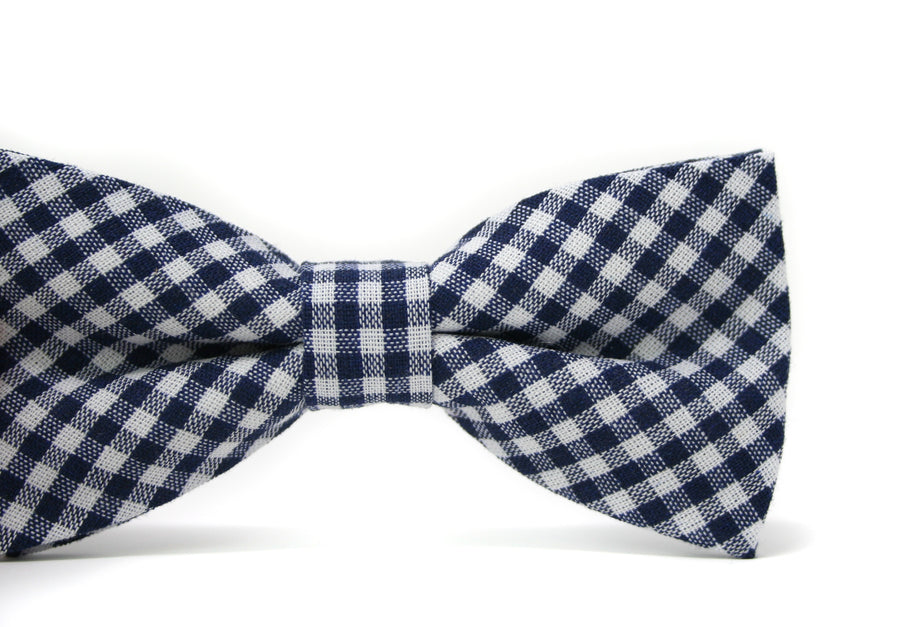 Navy Gingham Bow Tie & Navy Blue Leather Suspenders