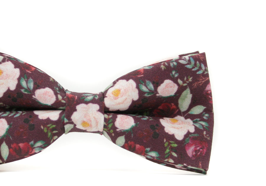 Wine Floral Bow Tie & Camel Leather Suspenders