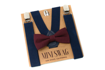 Wine Bow Tie & Navy Blue Suspenders