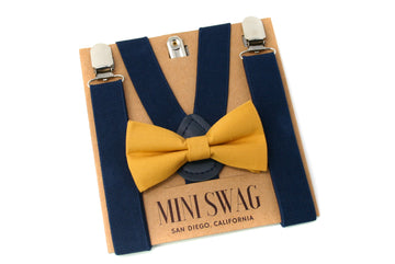 Mustard Yellow Bow Tie & Navy Suspenders