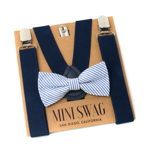 Navy Seersucker Bow Tie & Navy Blue Suspenders