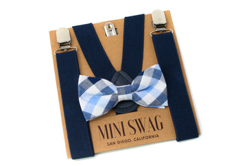 Navy Blue Suspenders with matching navy blue back patch, and silver hardware, Light Blue plaid bow tie.  Baby, Toddler, Youth, and Adult sizes available.