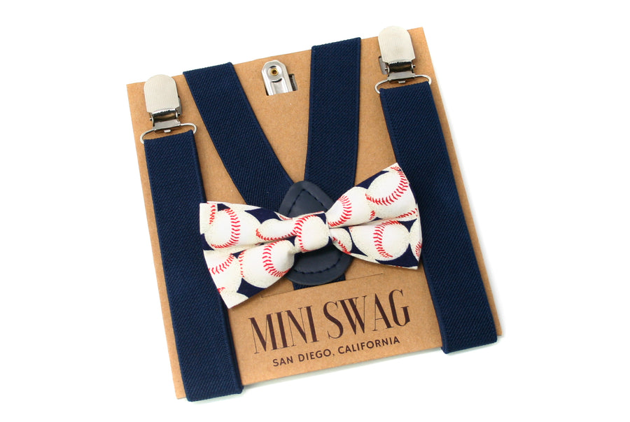 Navy Suspenders, Silver ClipsMatching Back  Patch, Baseball Bow Tie, Baby, Toddler, Youth, Birthday, Smash Cake
