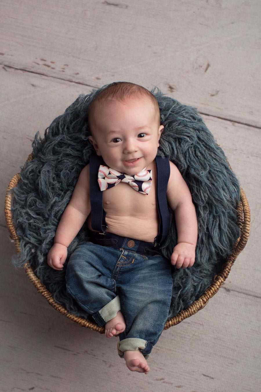 Navy Suspenders, Silver Clips, Baseball Bow Tie, Baby, Toddler, Youth, Birthday, Smash Cake