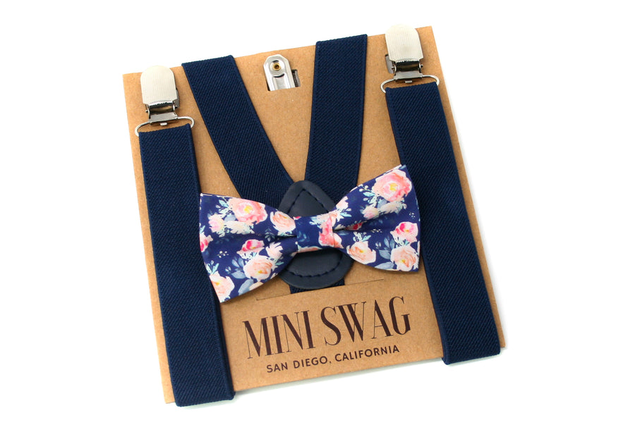 Blue Floral Bow Tie & Navy Suspenders