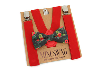 Winter Floral Bow Tie & Red Suspenders