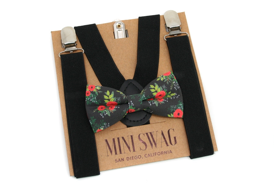 Winter Floral Bow Tie & Black Suspenders