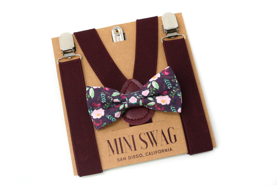 Wine Floral Bow Tie & Wine Suspenders