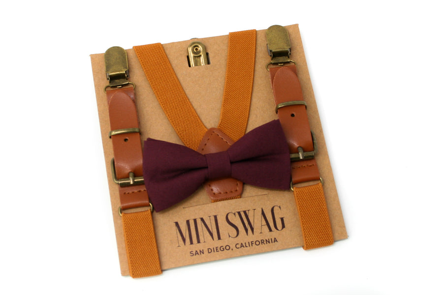 Wine Bow Tie & Camel Leather Suspenders