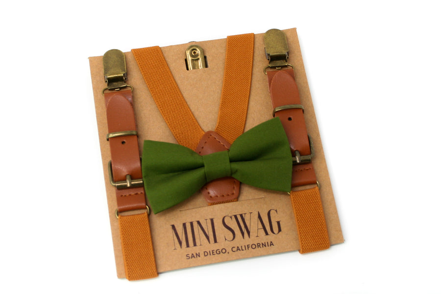 Moss Green Bow Tie & Camel Leather Suspenders