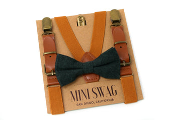Hunter Green Bow Tie & Camel Leather Suspenders