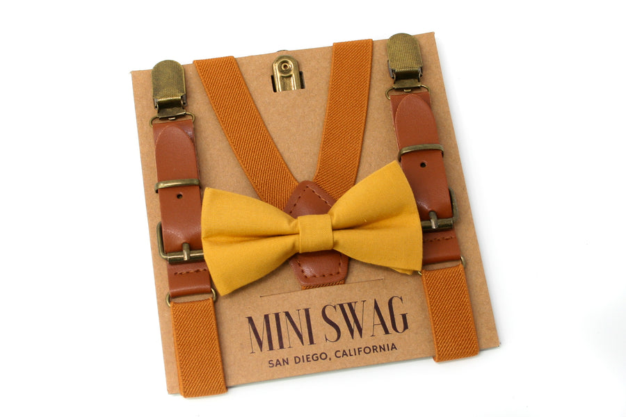 Mustard Yellow Bow Tie & Camel Leather Suspenders