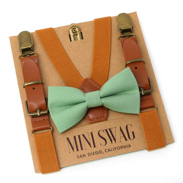 Sage Green Bow Tie & Camel Leather Suspenders