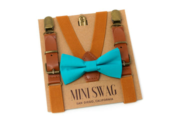 Teal Bow Tie & Camel Leather Suspenders