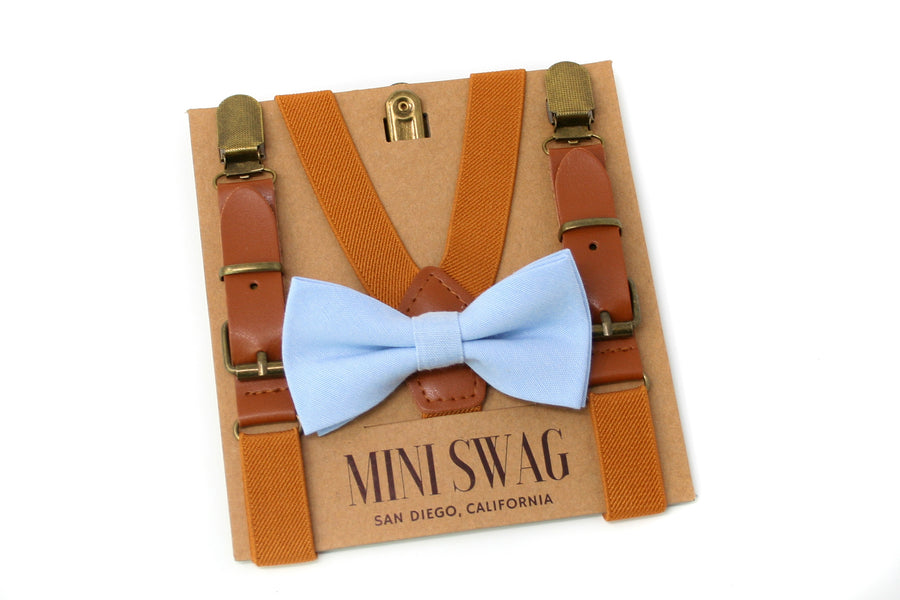 Light Blue Bow Tie & Camel Leather Suspenders