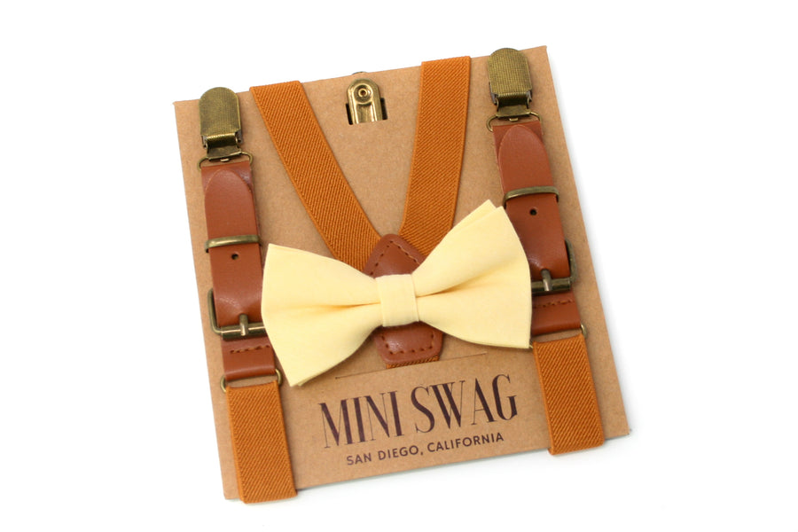 Light Yellow Bow Tie & Camel Leather Suspenders