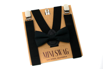Black Suspenders, Silver Clips, Matching Back  Patch, Black Bow Tie, Baby, Toddler, Youth, Adult