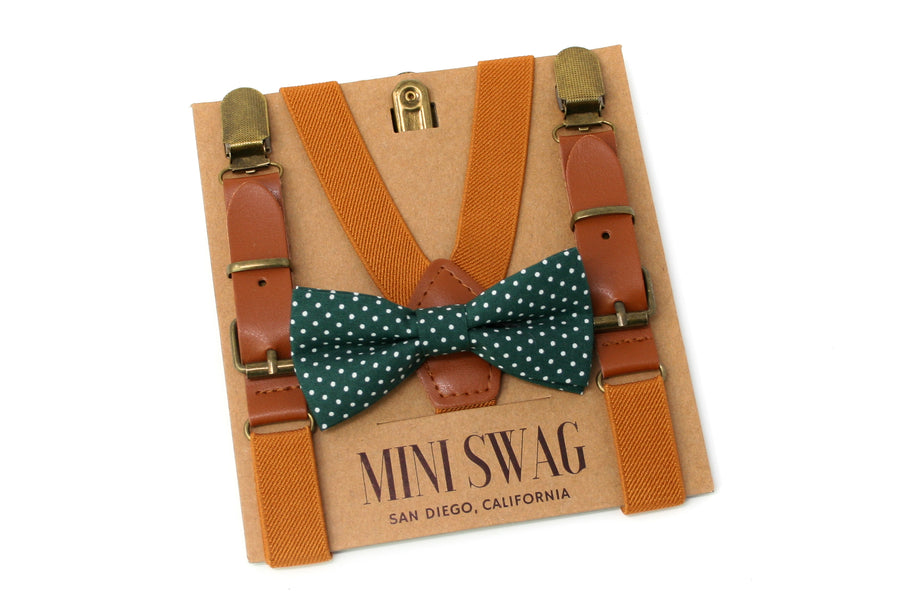 Hunter Green Dot Bow Tie & Camel Leather Suspenders