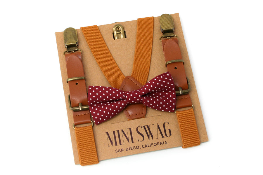 Burgundy Dot Bow Tie & Camel Leather Suspenders