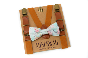 BOHO Floral Bow Tie & Camel Leather Suspenders
