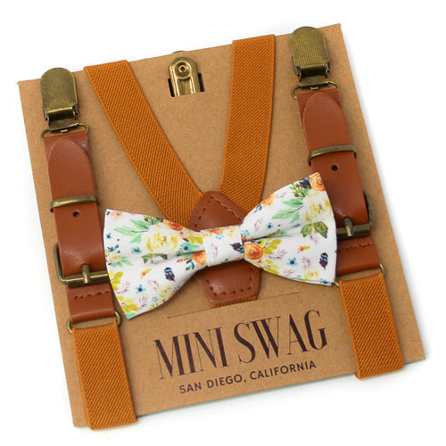 Fall Floral Bow Tie & Camel Leather Suspenders