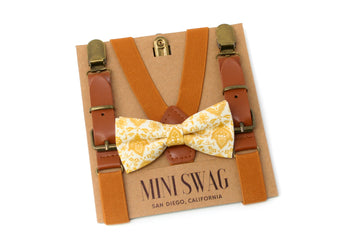 Mustard Yellow Floral Bow Tie & Camel Leather Suspenders