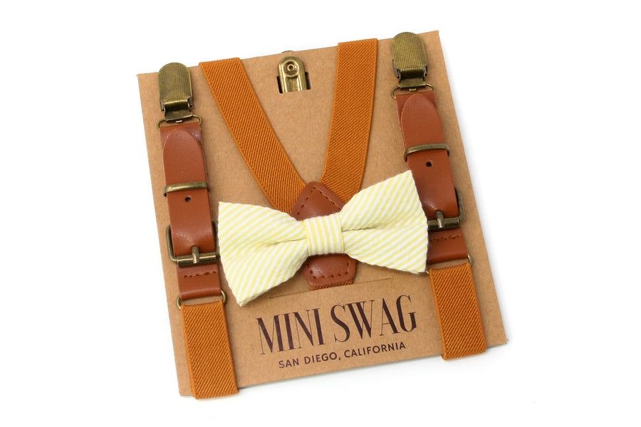 Yellow Seersucker Bow Tie & Camel Leather Suspenders