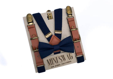 Navy Blue Bow Tie & Navy Blue Leather Suspenders
