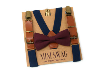 Wine Bow Tie & Navy Blue Leather Suspenders