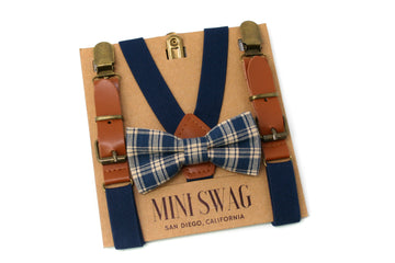 Navy Plaid Bow Tie & Navy Blue Leather Suspenders