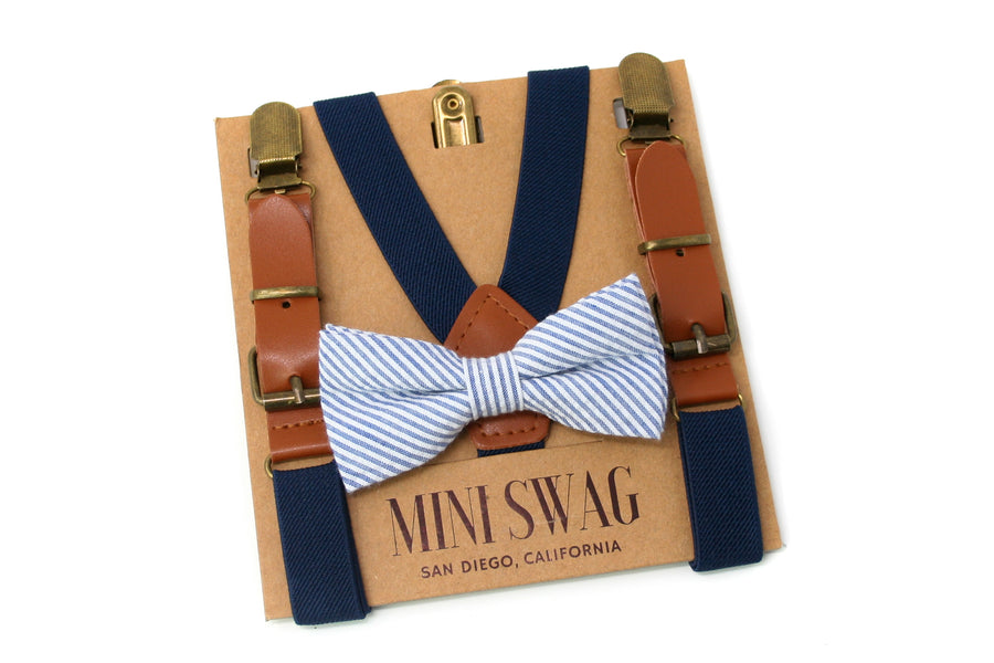 Navy Seersucker Bow Tie & Navy Blue Leather Suspenders