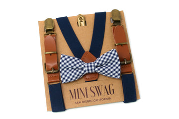 Navy Gingham Bow Tie & Navy Blue Leather Suspenders