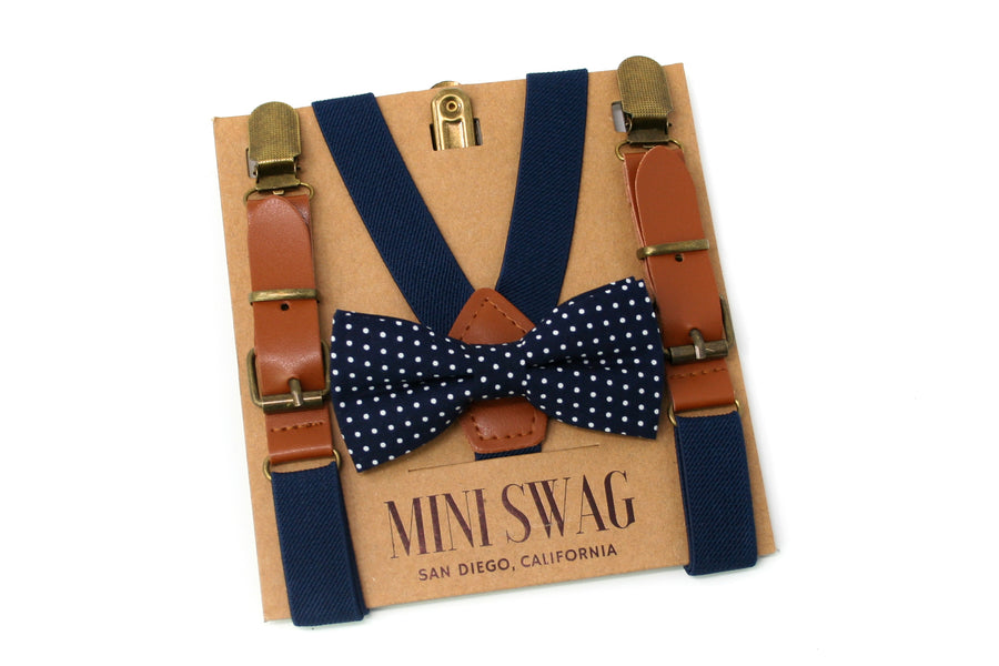 Navy Dot Bow Tie & Navy Blue Leather Suspenders