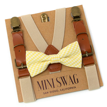 Yellow Gingham Bow Tie & Khaki Leather Suspenders