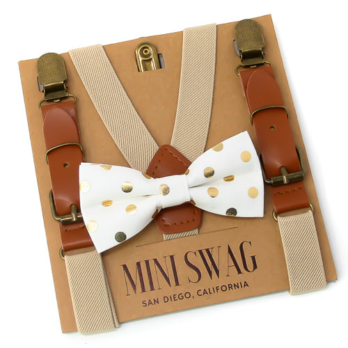 White & Gold Dot Bow Tie & Khaki Leather Suspenders
