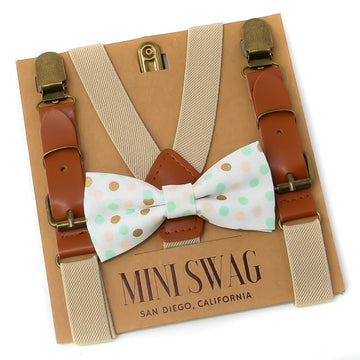Mint Dot Bow Tie & Khaki Leather Suspenders