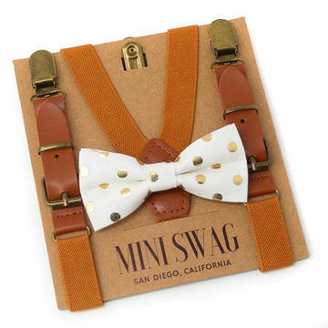 White & Gold Dot Bow Tie & Camel Leather Suspenders