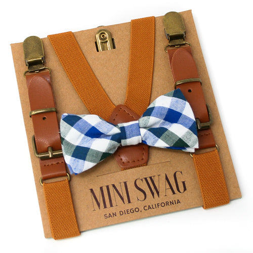 Hunter Green Plaid Bow Tie & Camel Leather Suspenders