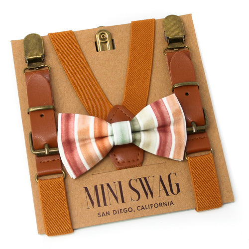 Watercolor Stripe Bow Tie & Camel Leather Suspenders